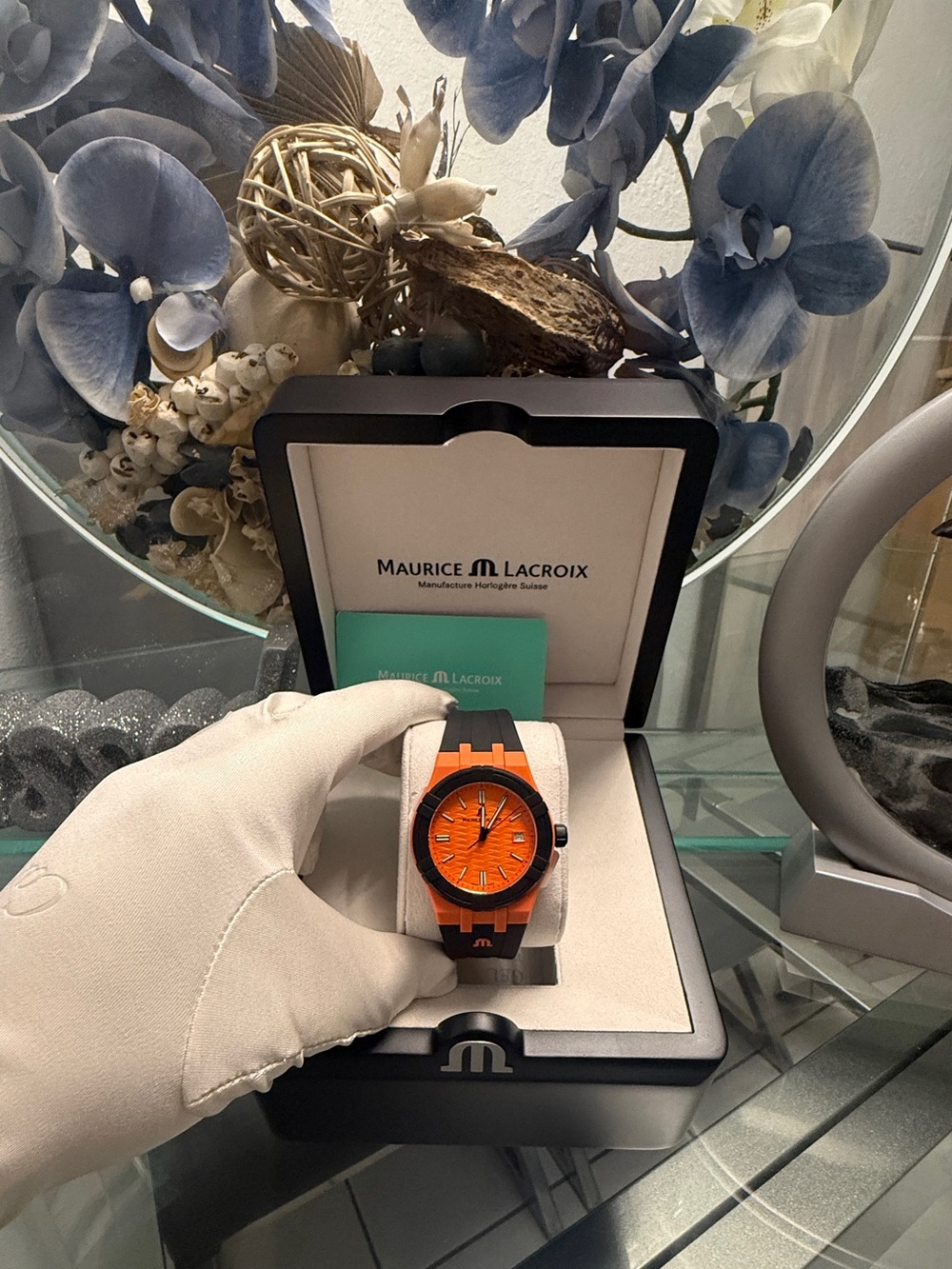 Maurice Lacroix Men’s Watch with Orange Dial and Black Strap + (Box&Paper)